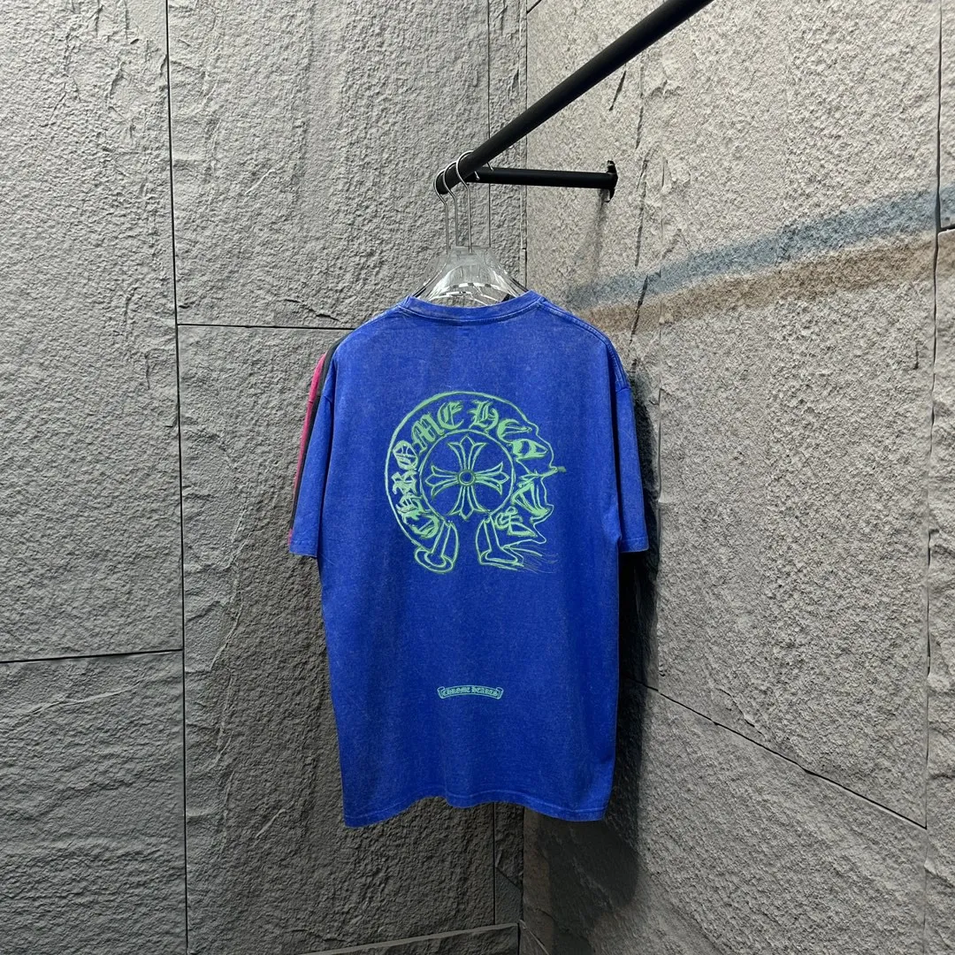🅿️180 CH* Crow Heart* 2025 spring and summer new style Snowflake distressed washed retro round neck short sleeves Chest and front logo Horseshoe print Customized fabric Short-sleeved T-shirt Unisex Size: S M L XL XXL Color: Snowflake Black Snowflake Gray Snowflake Pink Snowflake Blue